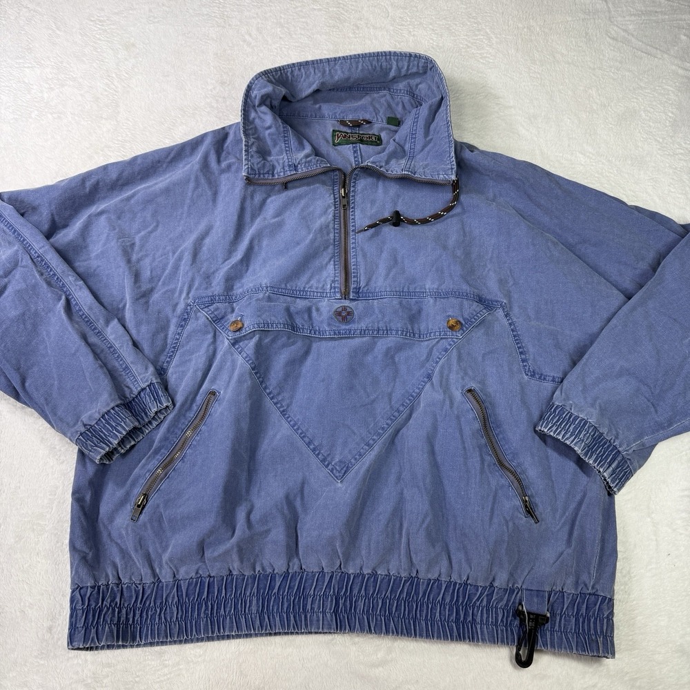 VTG JanSport Anorak Jacket Pullover XL Blue Triangle Pouch Pocket 80's RARE